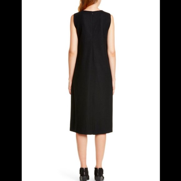 EILEEN FISHER BLACK SLEEVELESS BOILED WOOL LANTERN MIDI DRESS - Picture 5 of 8